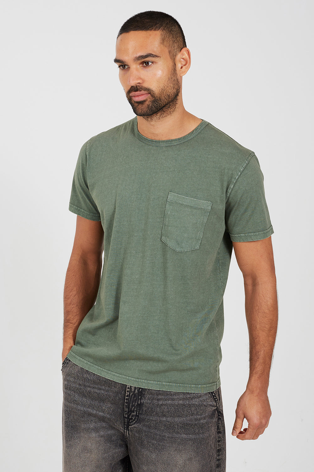 Brave Soul Green Acid Wash Patch Pocket T-Shirt - Green Image 1