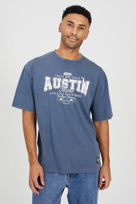 Brave Soul Blue Cotton Jersey Graphic T-Shirt - Blue Image 1