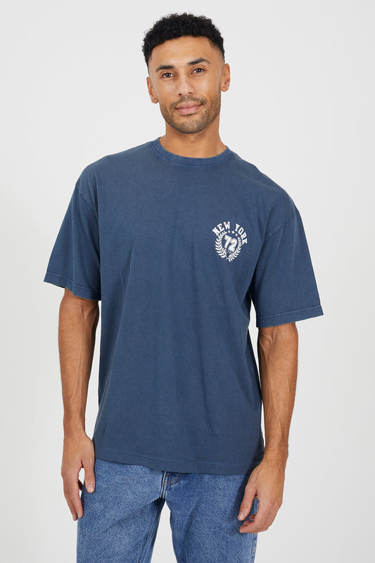 Brave Soul Blue Cotton Acid Wash Crew Neck Graphic T-Shirt - Blue Image 1
