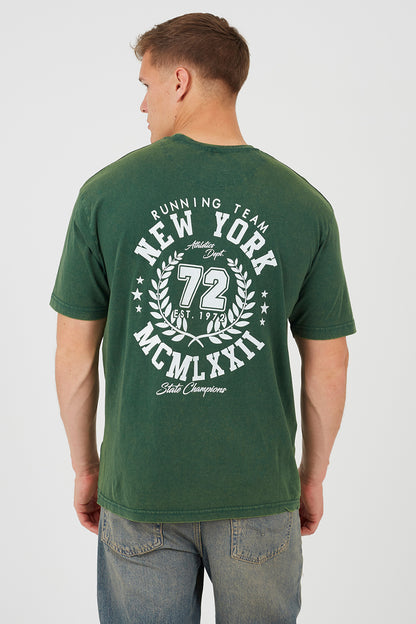 Brave Soul Green Cotton Acid Wash Crew Neck Graphic T-Shirt - Green Image 2
