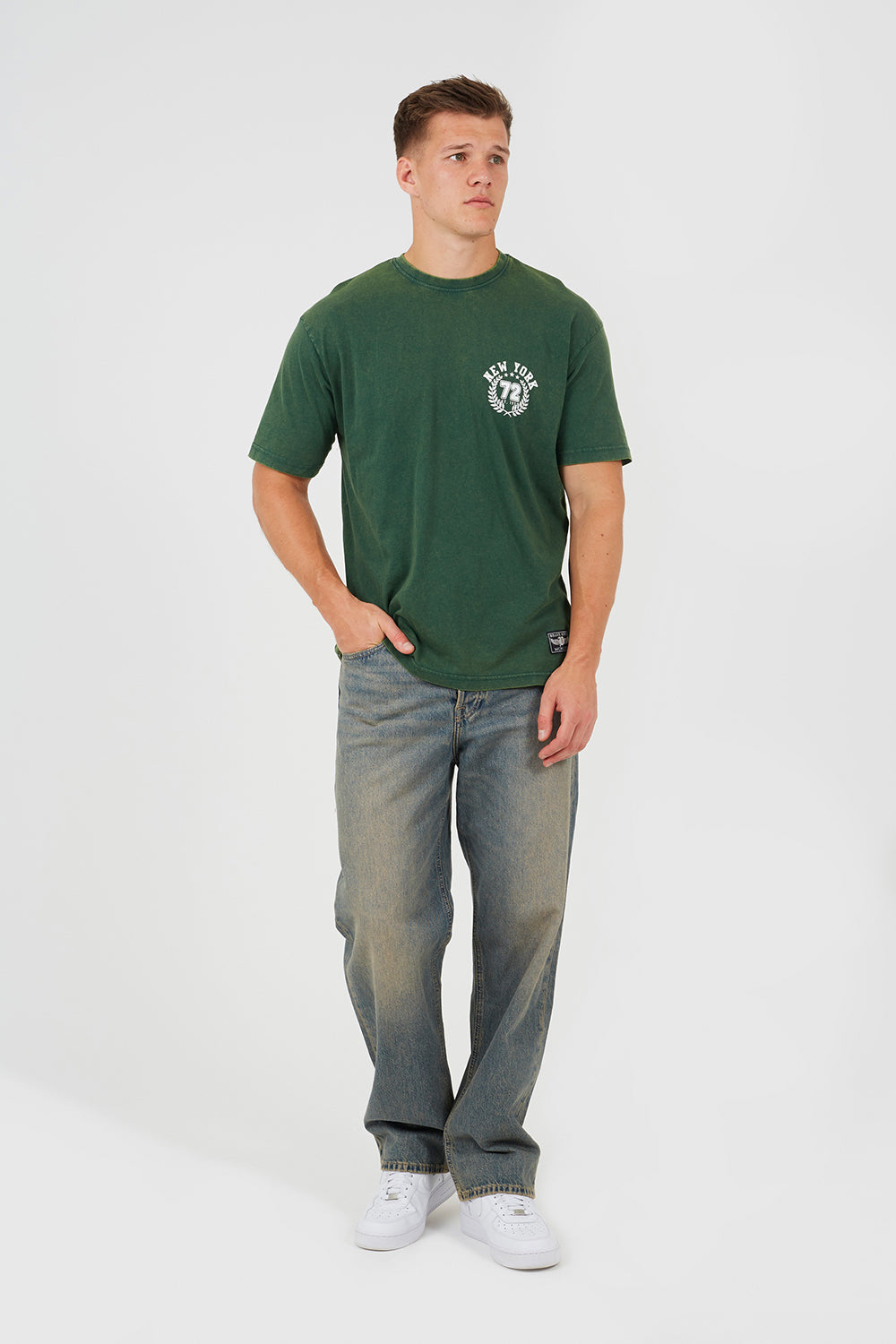 Brave Soul Green Cotton Acid Wash Crew Neck Graphic T-Shirt - Green Image 3