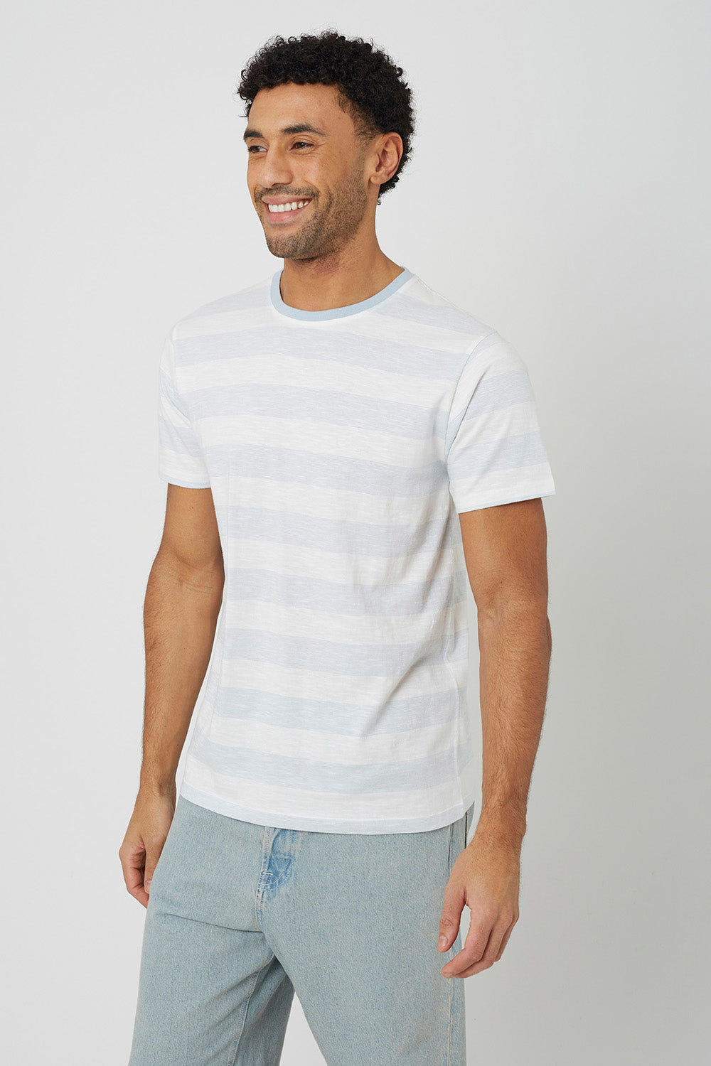 Brave Soul Light Blue Contrast Crew Neck Stripe T-Shirt - Light Blue Image 1
