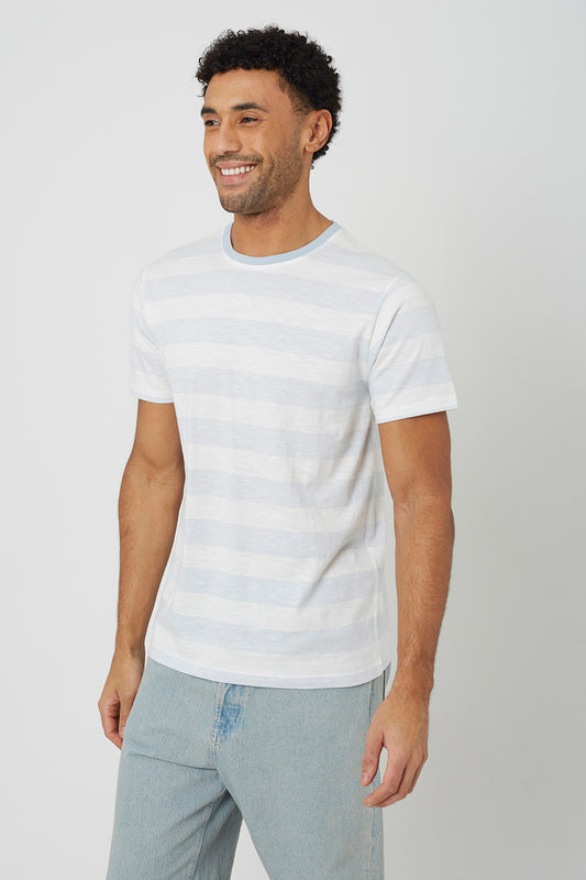 Brave Soul Light Blue Contrast Crew Neck Stripe T-Shirt - Light Blue Image 1