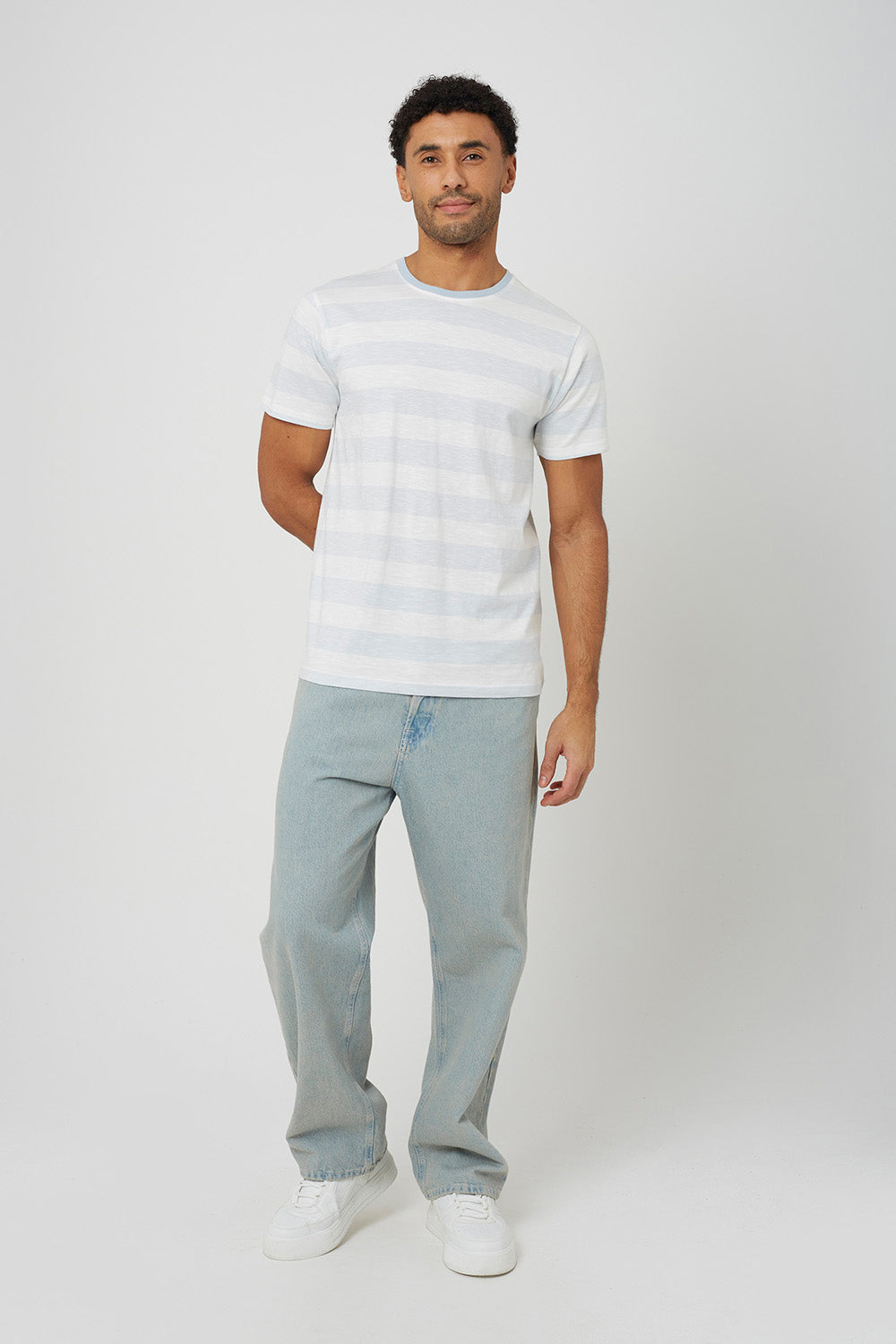Brave Soul Light Blue Contrast Crew Neck Stripe T-Shirt - Light Blue Image 3