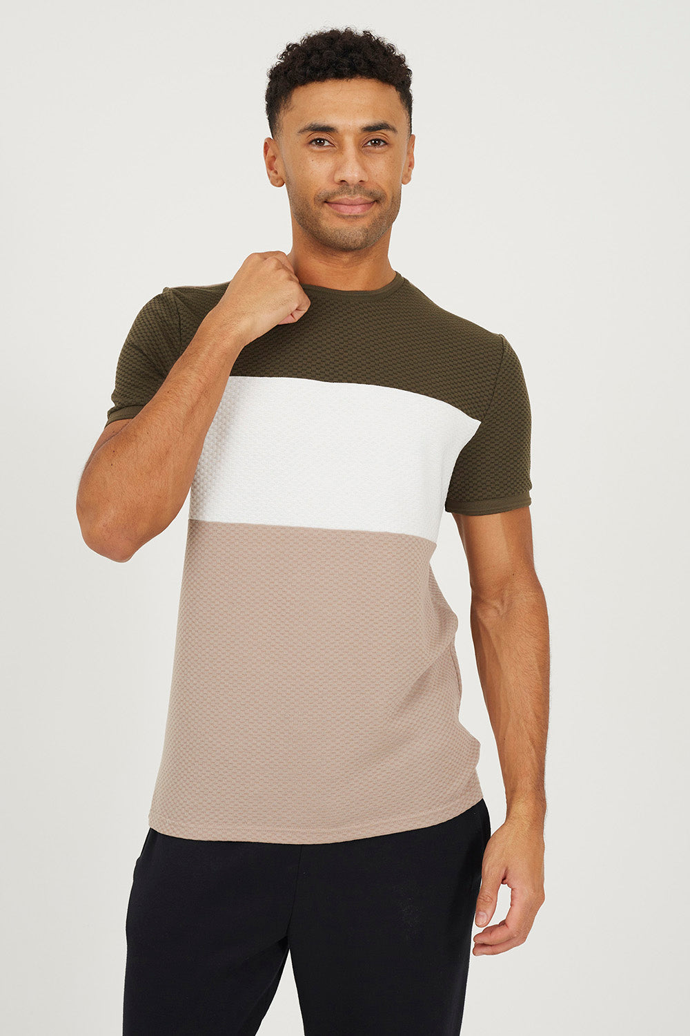 Brave Soul Khaki Colour Blocking T-Shirt - Khaki Image 1