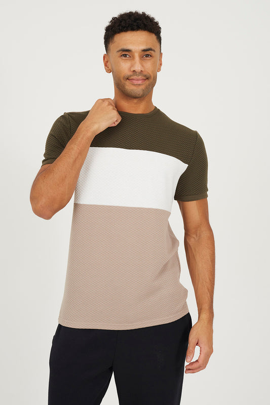 Brave Soul Khaki Colour Blocking T-Shirt - Khaki Image 1