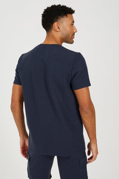 Brave Soul Navy Jacquard Short Sleeve Crew Neck T-Shirt - Navy Image 2