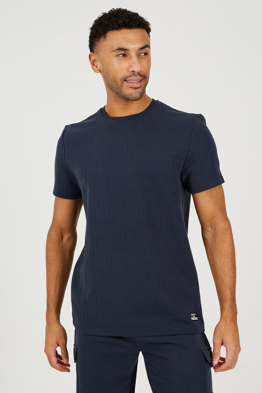 Brave Soul Navy Jacquard Short Sleeve Crew Neck T-Shirt - Navy Image 1