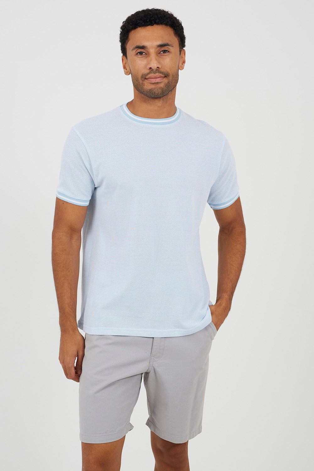 Brave Soul Pale Blue Crew Neck Jacquard Knit T-Shirt - Pale Blue Image 1